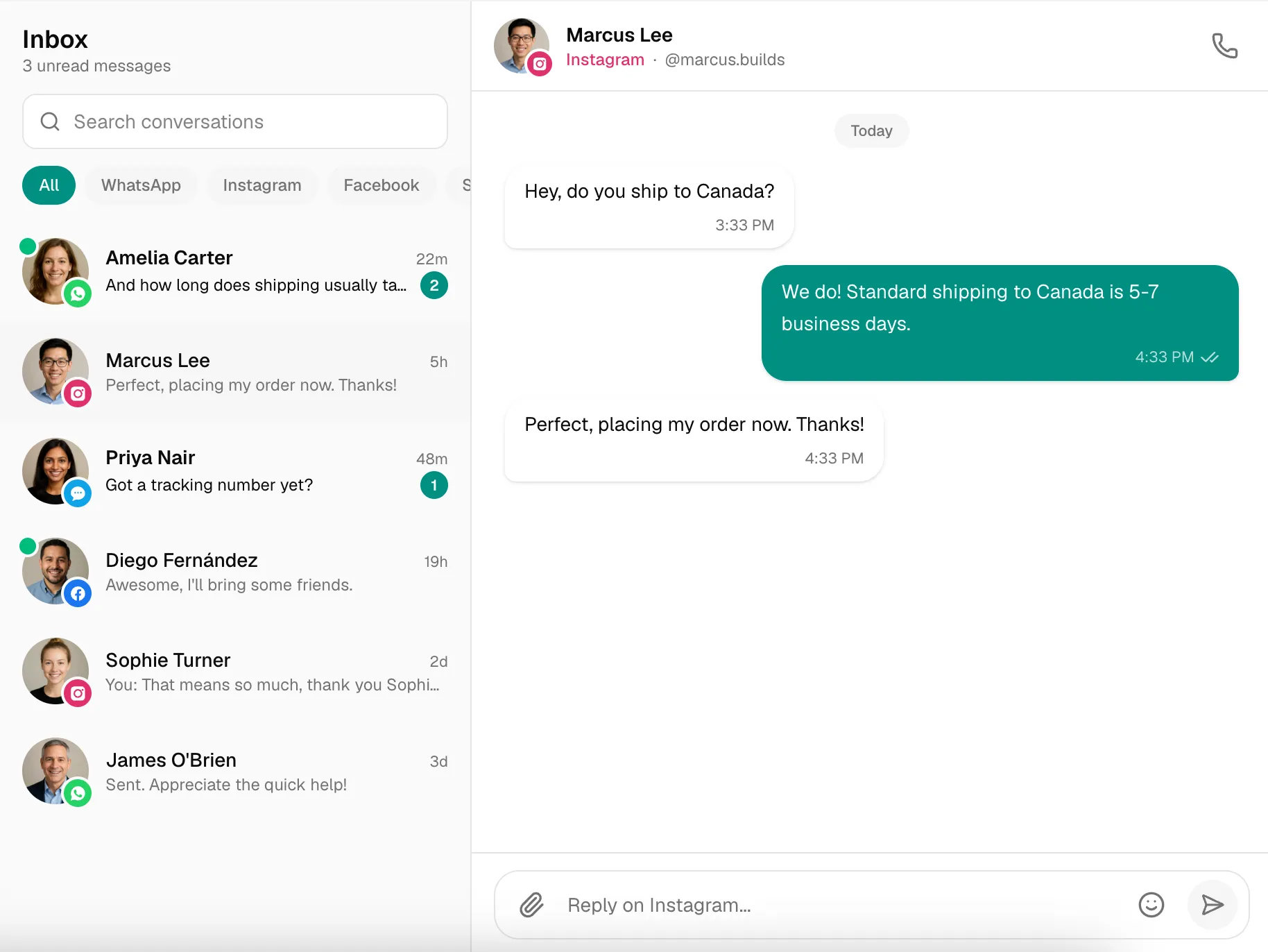 An omnichannel inbox with WhatsApp, Instagram and Facebook chats in one place, with human escalation